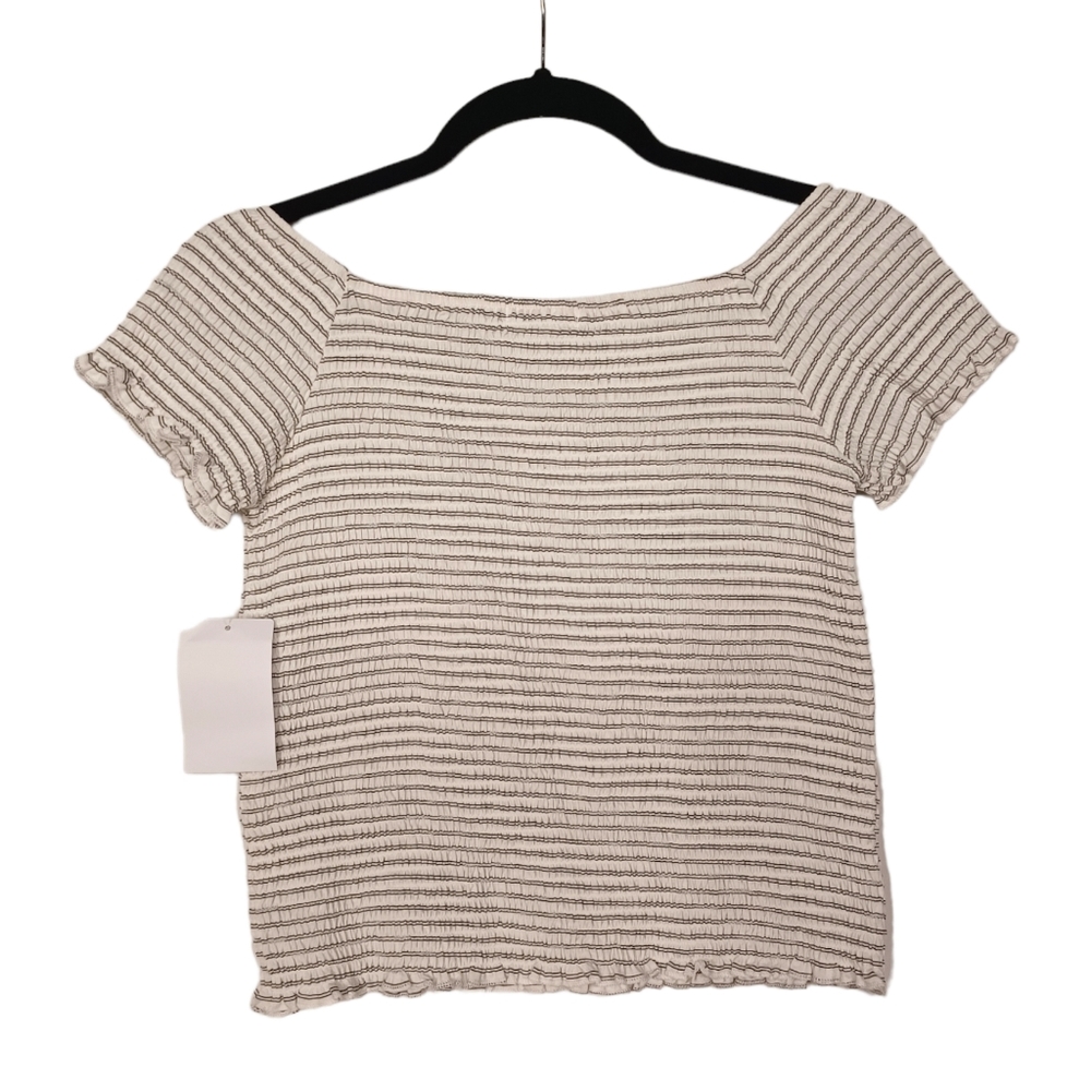 EYESHADOW GIRL Black White Smocked Stripe Short Sleeve Stretchy Top L (14)